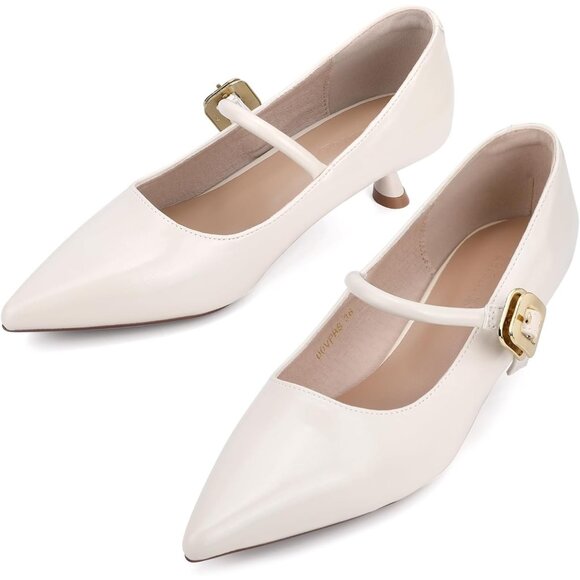 Women's Beige Vintage Pointed Toe Slip On Pumps  Mary Jane Low Kitten Heel Shoes - Picture 1 of 8